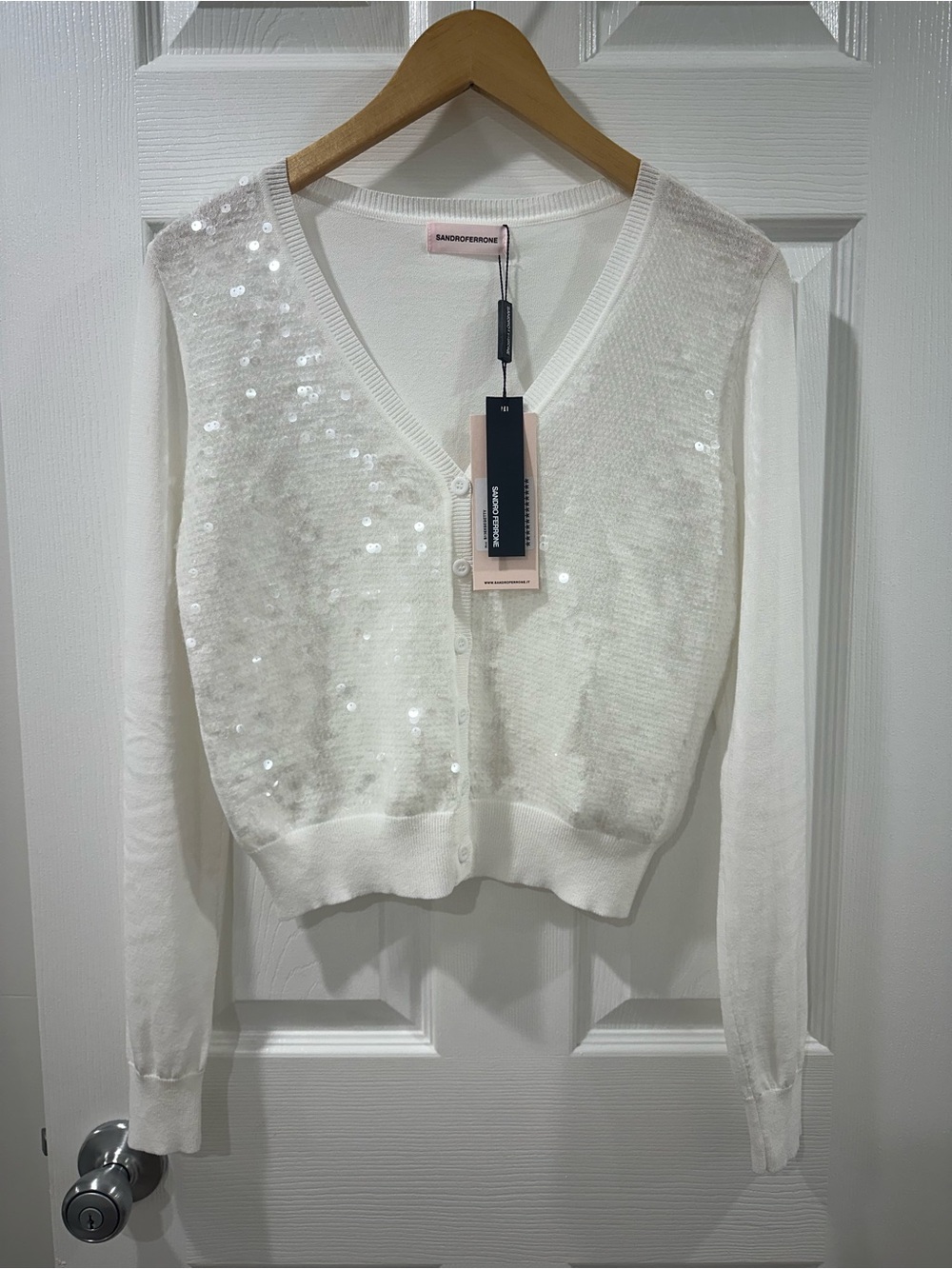 Sandro Ferrone White Sequin V-Neck Cardigan